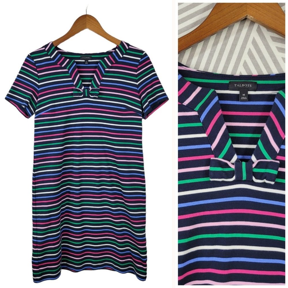 Talbots Navy Striped Midi Dress with Pink, Green & Blue Stripes